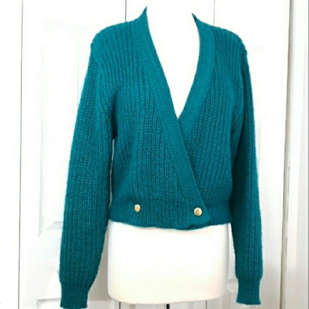 Vintage SK & Company Knit Teal V-Neck Wrap Sweater Size Large